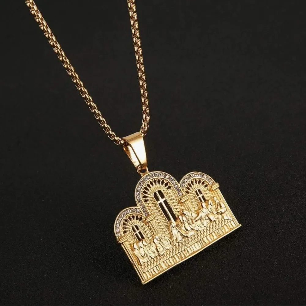 14K Gold Last Supper Jesus Disciples Chain + Pendant Necklace Simulated Diamonds